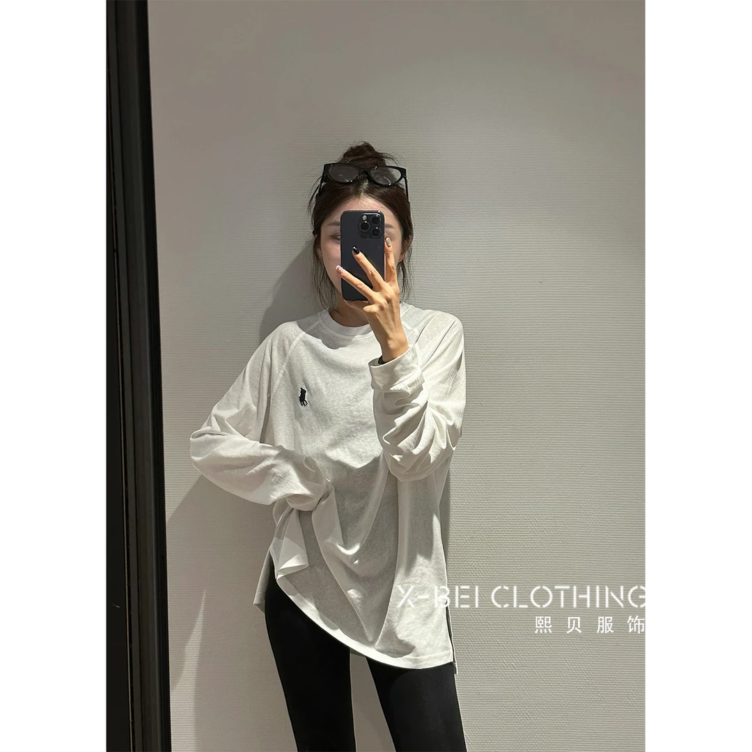 【粉丝大回馈-只出不进】简约宽松刺绣长袖中长款圆领T恤 D8265