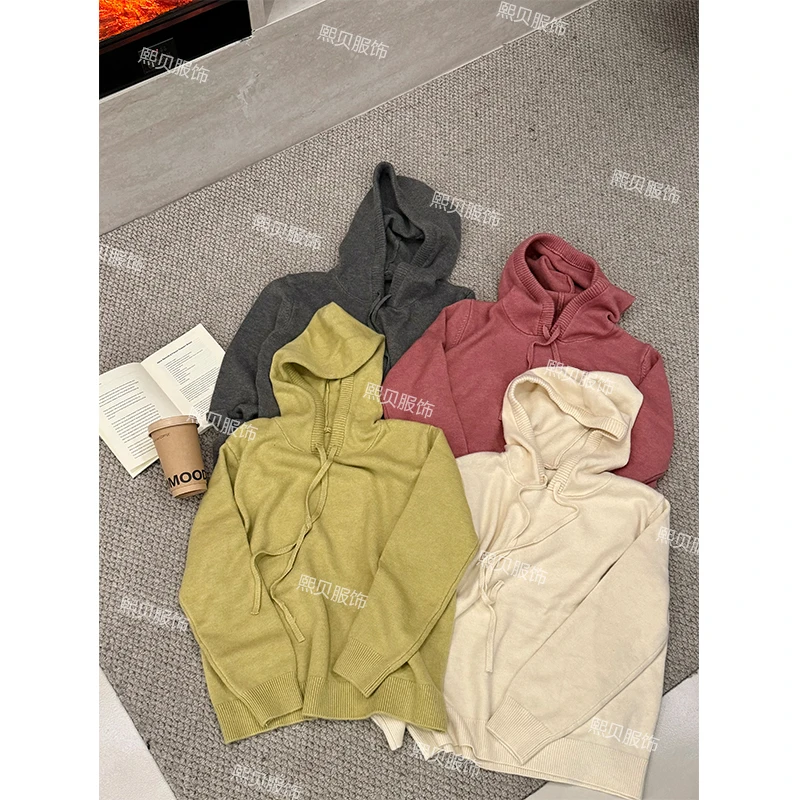 熙贝6 慵懒风气质连帽抽绳毛衣秋冬休闲百搭显瘦宽松针织衫 D8681