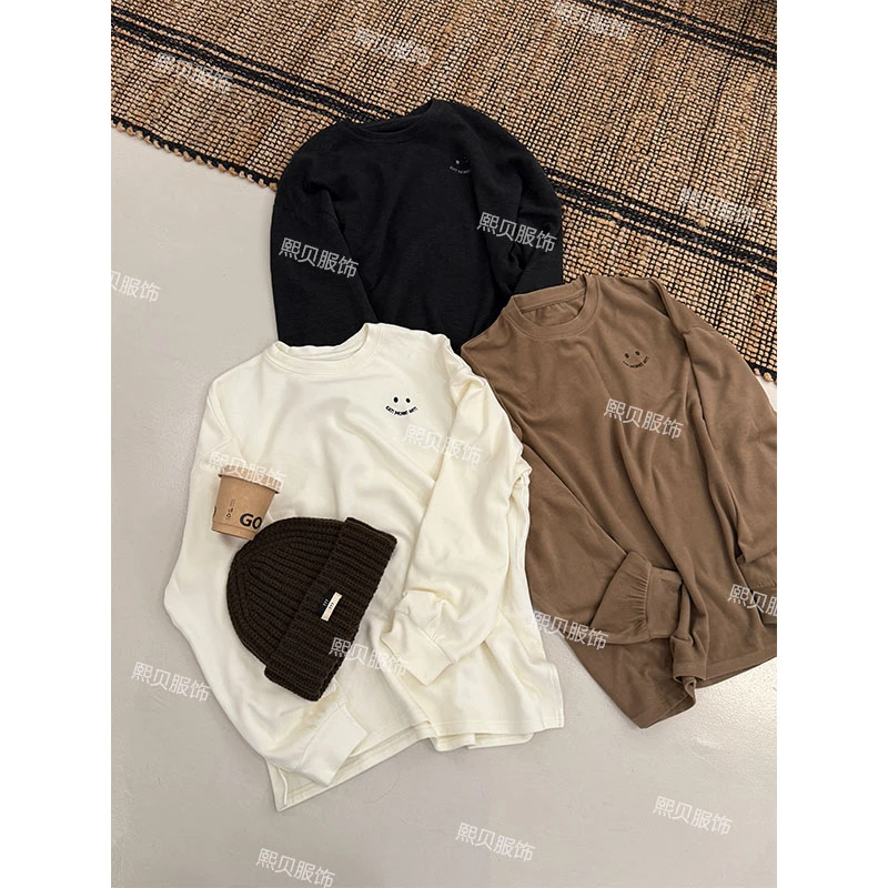 熙贝6 韩国秋冬新款双面绒圆领笑脸长袖宽松显瘦卫衣打底 D8668