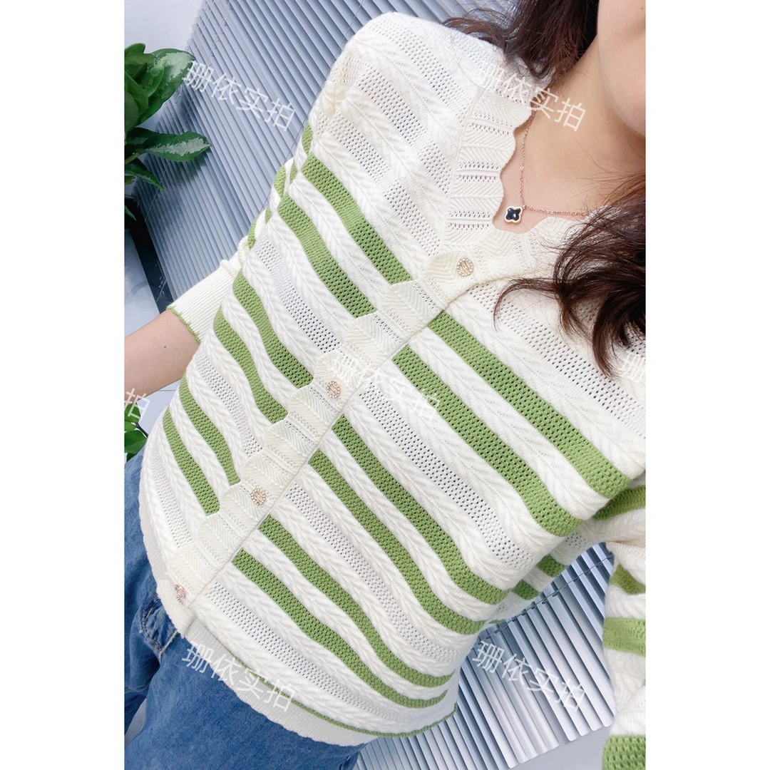 宽松显瘦【80-150斤】高品质秋冬毛衣女假开衫V领条纹勾花时尚长袖