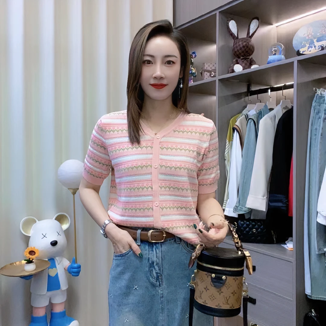 【80-160斤】V领假开衫夏季新款冰丝短袖女气质时尚显瘦525