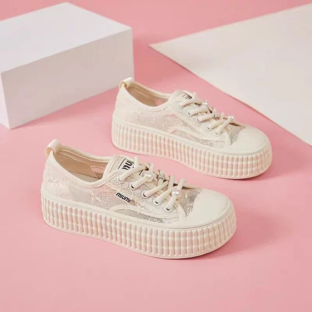 AUGUSTUS/奥古斯都国风蕾丝网纱透气厚底珍珠圆头系带休闲板鞋