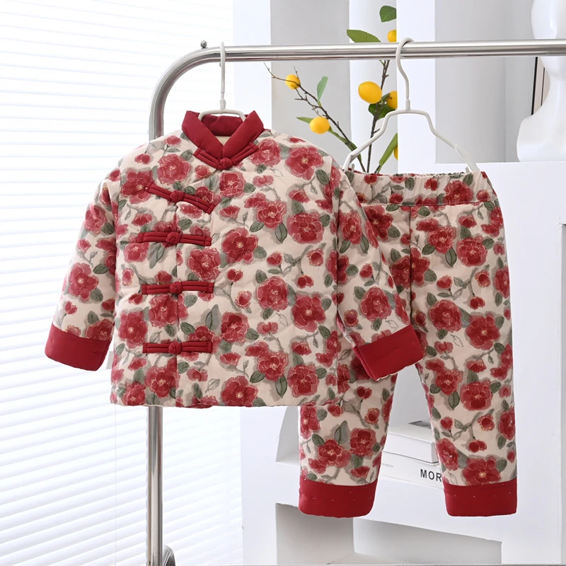 宝宝手工棉衣纯棉花男女童国风外出服新中式棉袄棉裤加厚盘扣复古