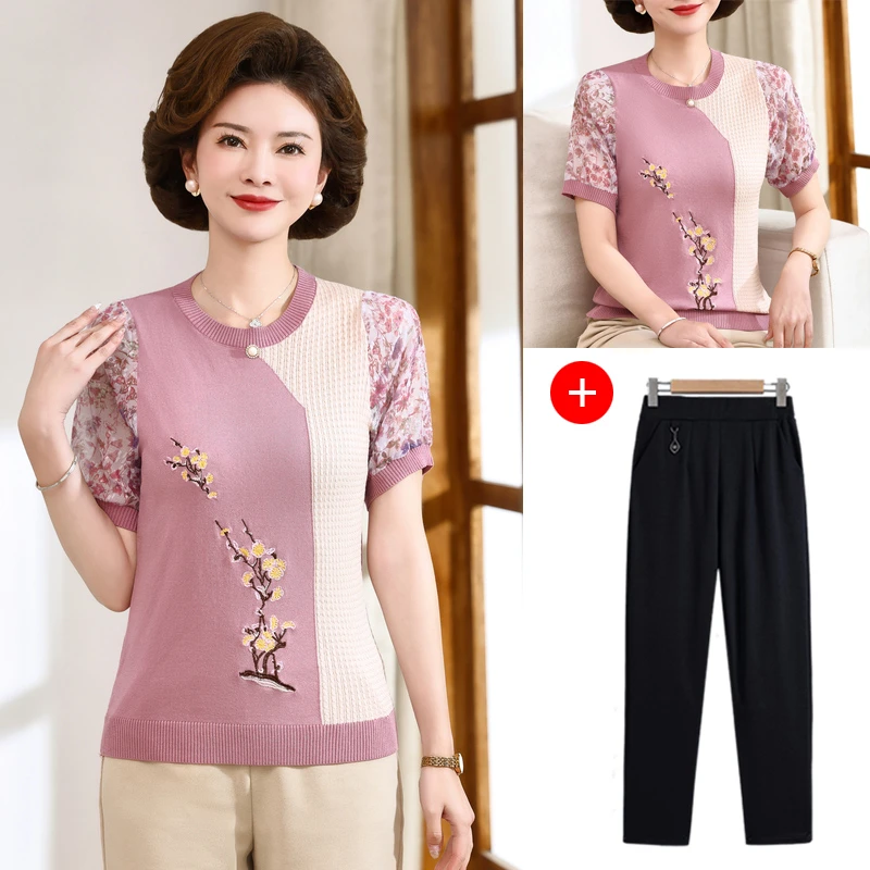 夏季新款大码中老年妈妈装气质时尚洋气薄款清凉T恤套头短袖舒适