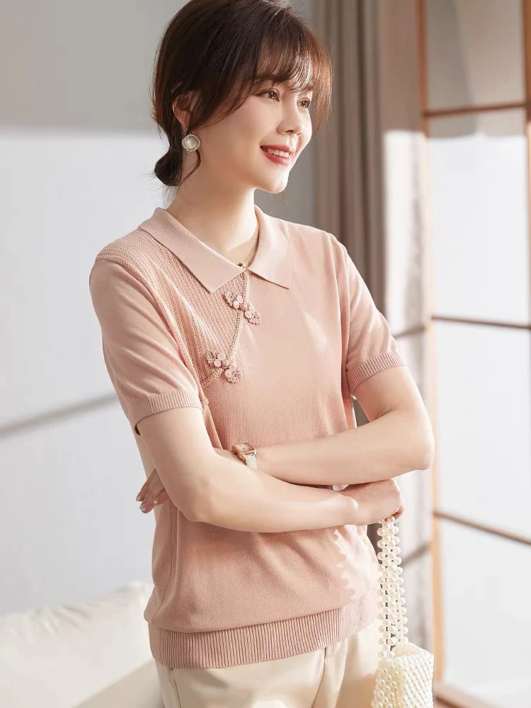 2024夏季新款国风短袖翻领纯色舒适洋气套装细针织妈妈装
