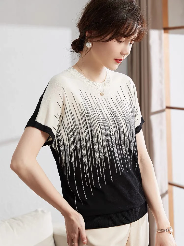 2024夏季新款中老年妈妈装条纹T恤短袖纯色舒适适合40-60岁