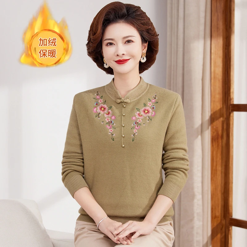 中老年妈妈装套头长袖加绒加厚毛衣针织衫半高领舒适洋气40-60岁
