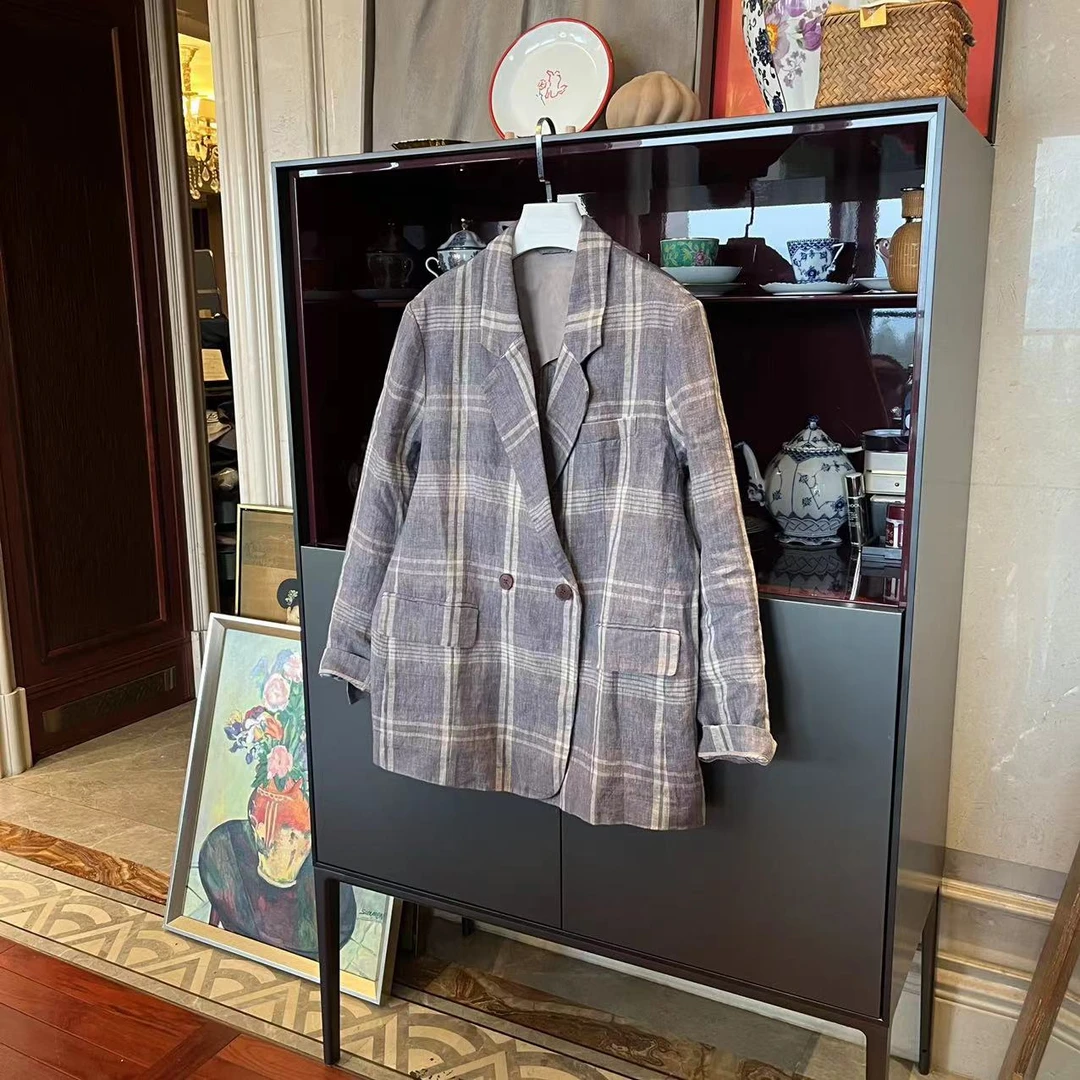 漫颜刘亚麻灰咖色格子西装2024季新翻领双排扣宽松气质上衣