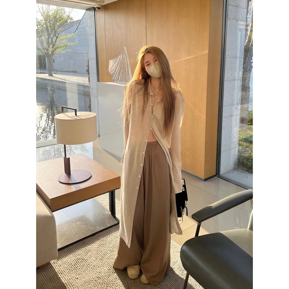 polo领防晒开衫女长款宽松外搭慵懒风衬衫长袖冰丝针织外套女薄款