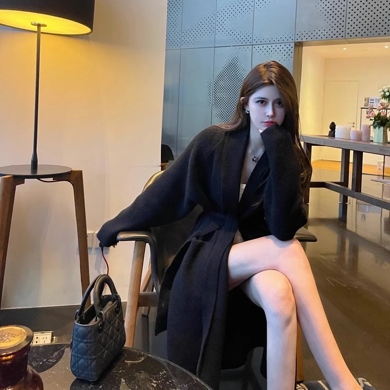 黑色毛衣外套女中长款慵懒风秋冬新款针织开衫宽松百搭浴袍大衣