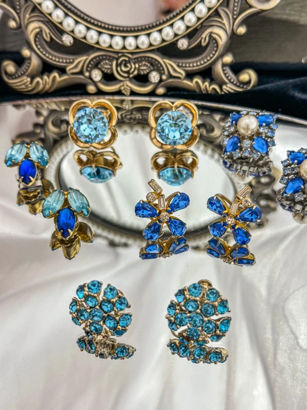 合金合成锆石胸针 中古重工莱茵石饰品镶嵌手工蓝色复古古风配饰