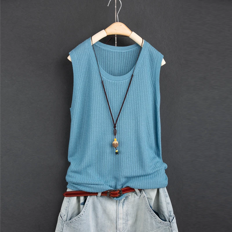 2025夏季新品大码无袖棉麻坎肩针织吊带女宽松休闲凉爽内搭背心