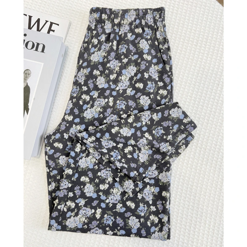 【小碎花】夏季高弹力棉莱卡九分裤植物印花宽松居可外穿大码女睡裤