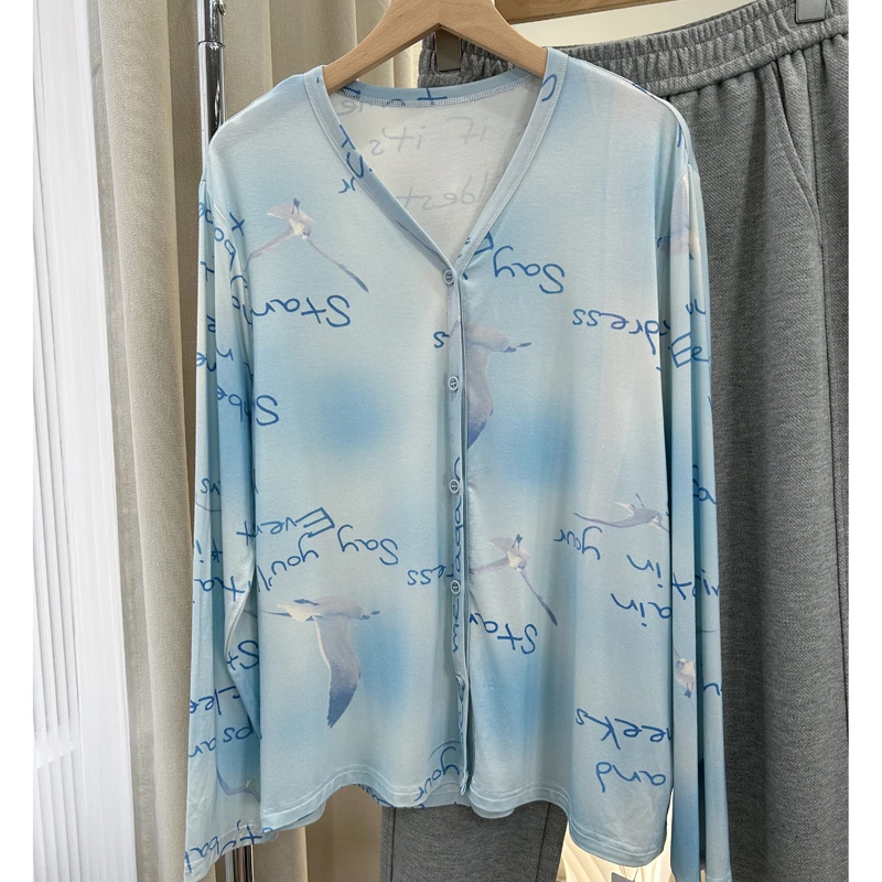 【渐变数码印花】温柔风秋季V领开衫莫代尔长袖大码家居服空调衫