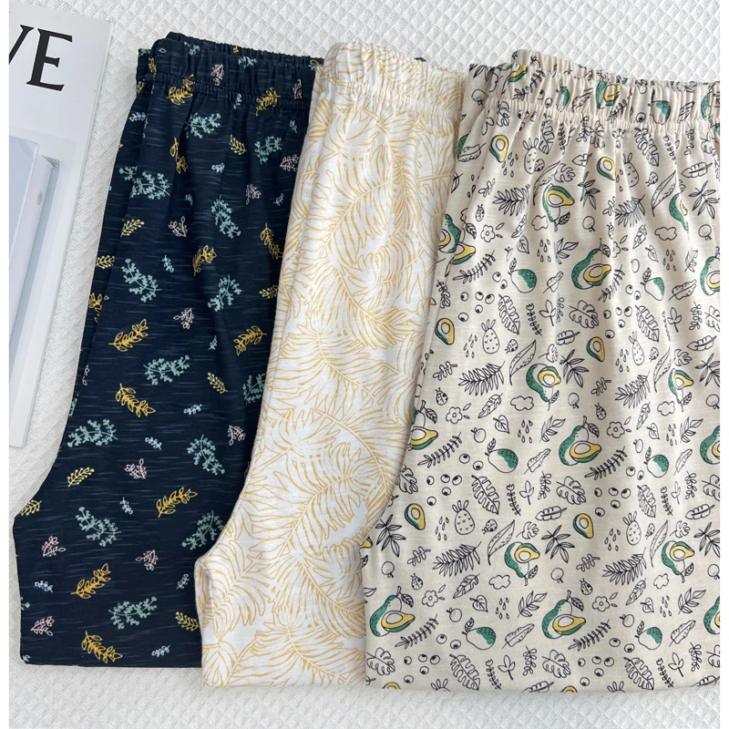 【竹节纯棉】100%纯棉小碎花睡裤八分裤可外穿宽松夏季大码家居裤