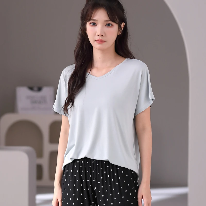 【莫代尔】莫代尔V领净面上衣宽松女短袖T大码睡衣家居服夏季