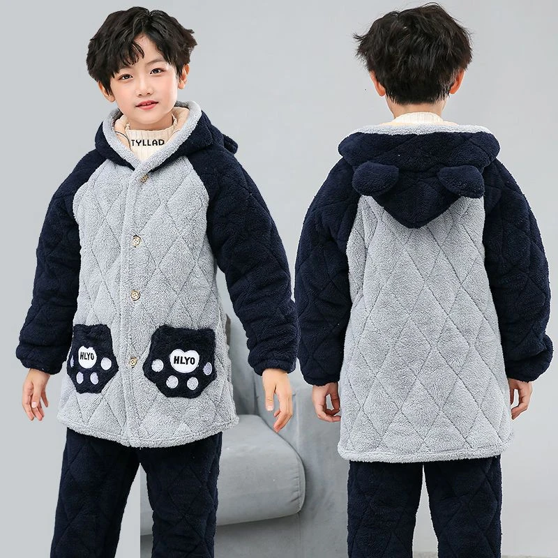 儿童冬季加绒加厚家居服套装男童女童三层夹棉家居服保暖套装