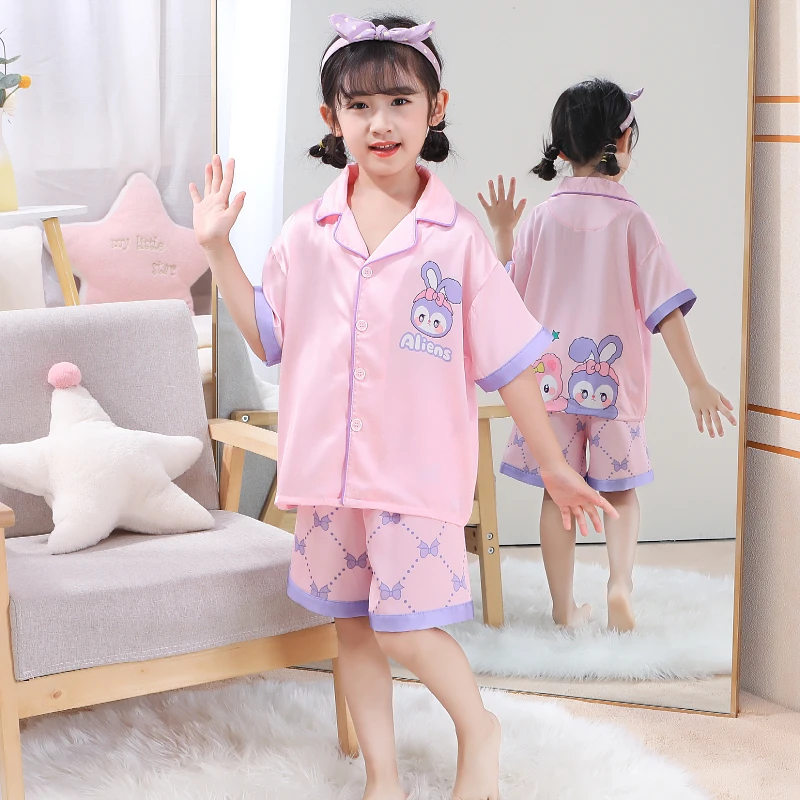 女童夏季冰丝睡衣套装3-16岁女童宝宝空调服甜美公主风短袖家居服