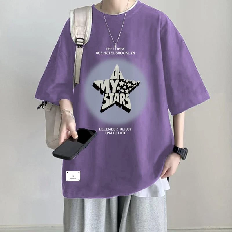 纯棉短袖T恤2024新款男士宽松大码休闲百搭港风半袖印花体恤ins夏