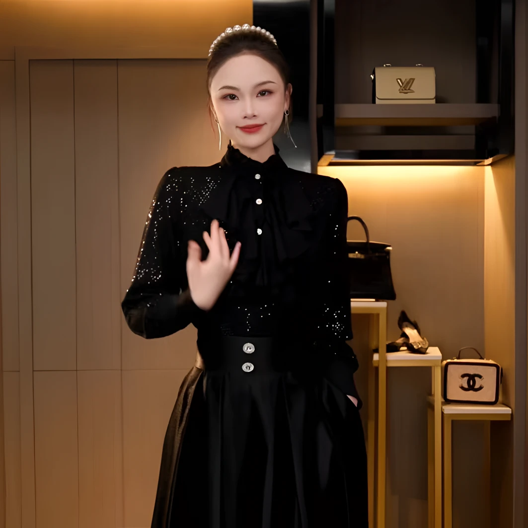 DY24-6016#秋季宽松精致雪纺气质重工亮片设计修身百搭长袖上衣