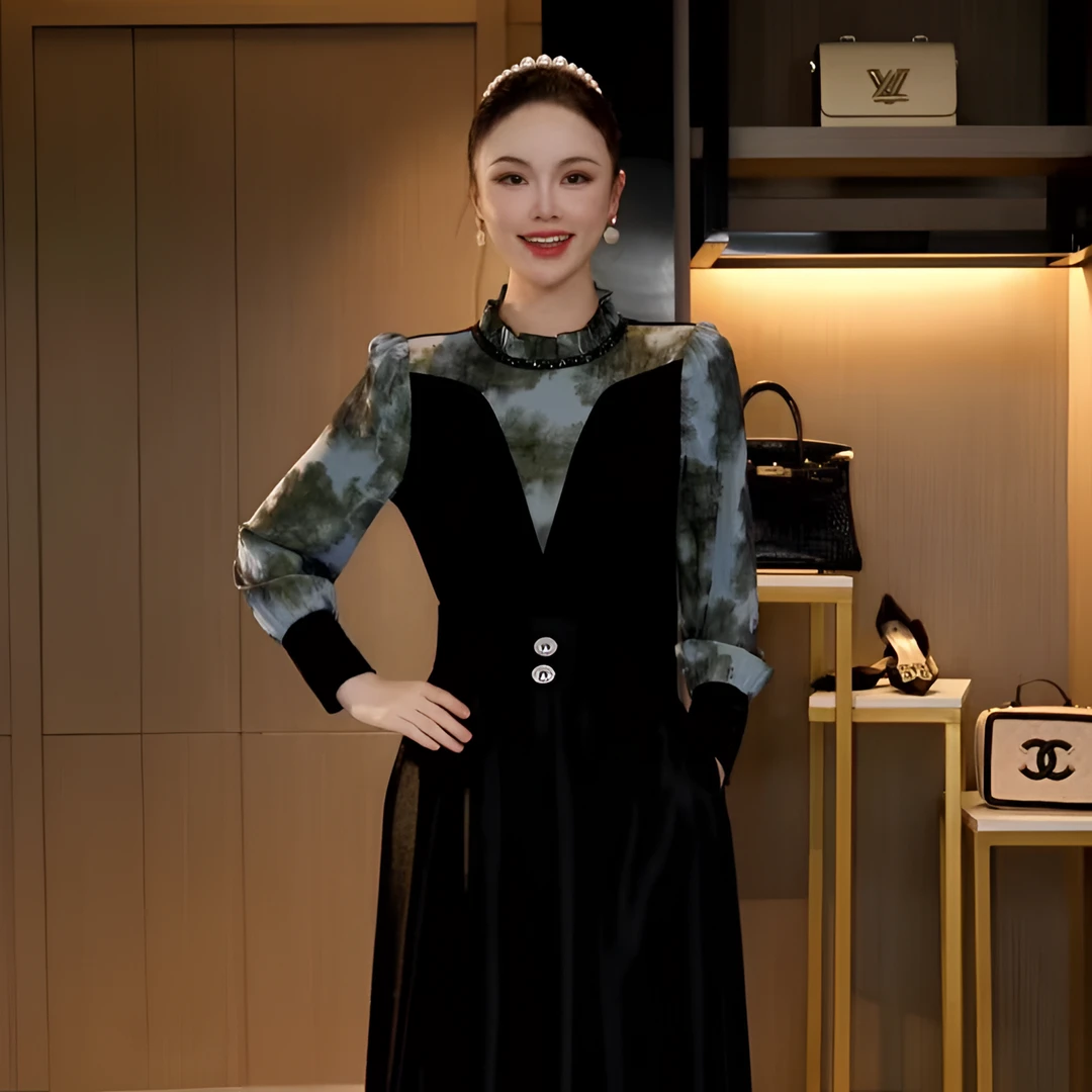 L3D1288 秋冬法式复古V型图案设计拼接长袖百搭修身气质丝绒上衣