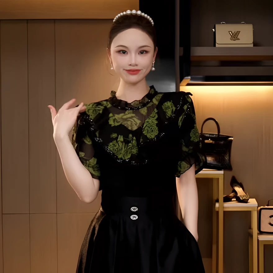 L4X1594 夏季法式复古重工荷叶领花纹披肩设计时尚修身显瘦上衣