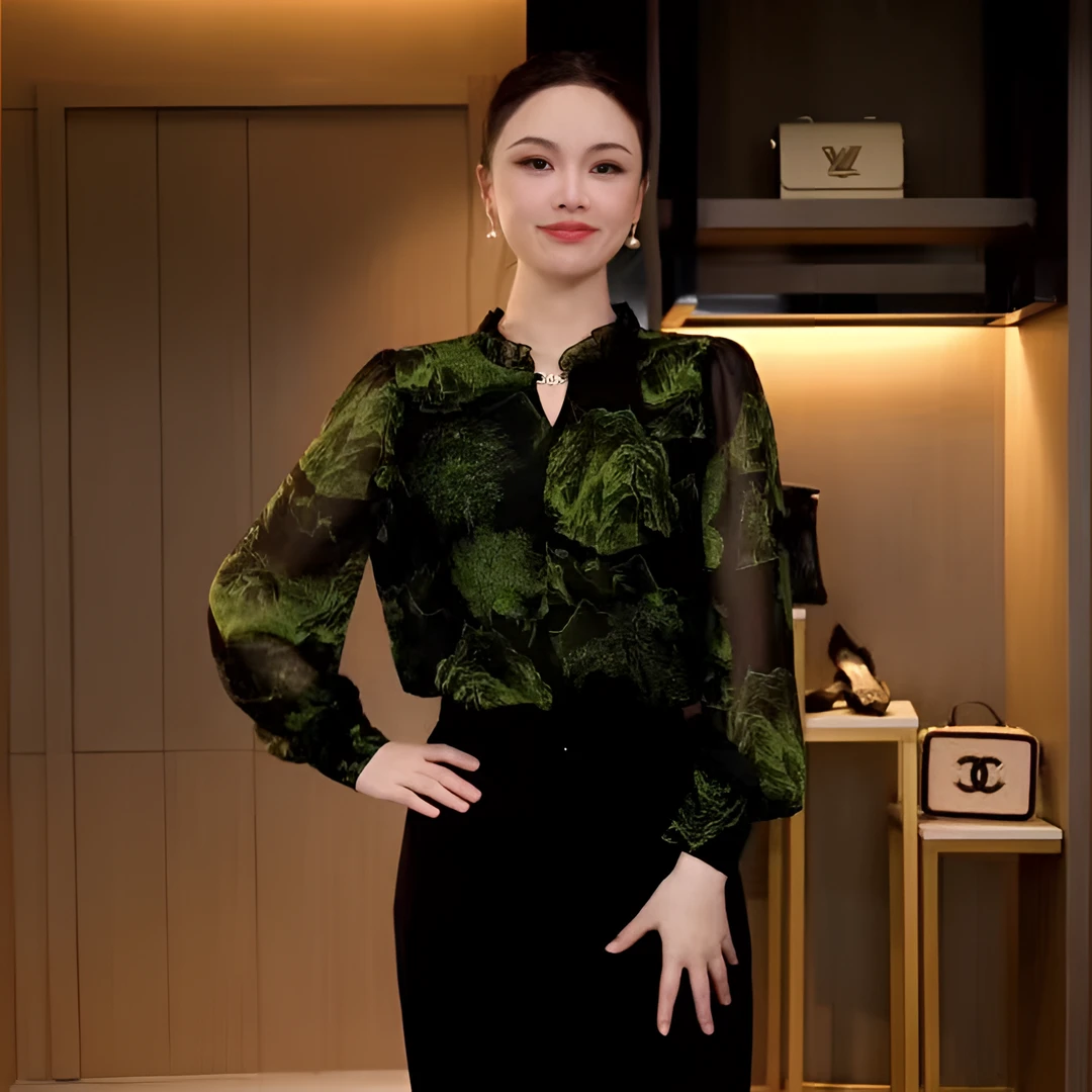 L4C0983 春季宽松精致琉璃双皱丝气质印花百搭T恤上衣