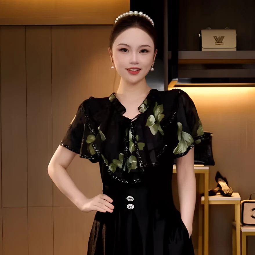 L4X1529 夏季法式复古重工碎花刺绣披肩设计时尚修身显瘦短袖上衣