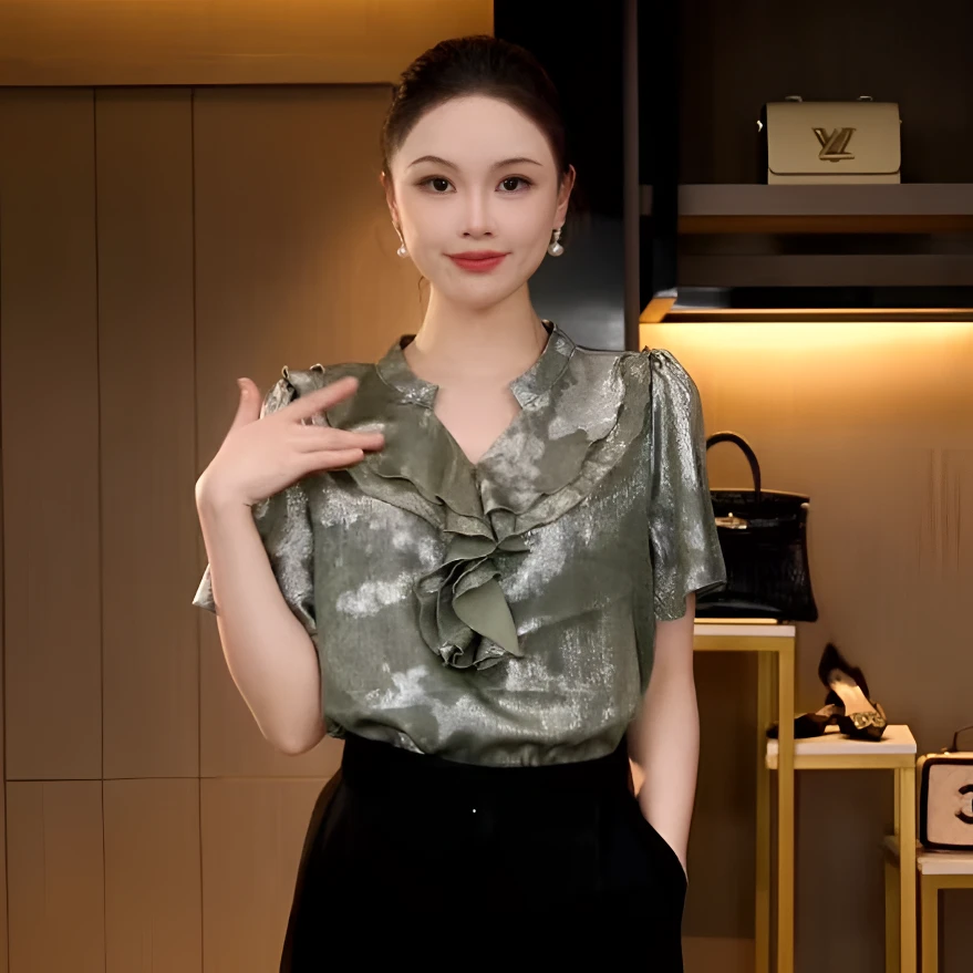 L4X1640 夏季法式复古重工荷叶领设计时尚修身显瘦短袖T恤上衣