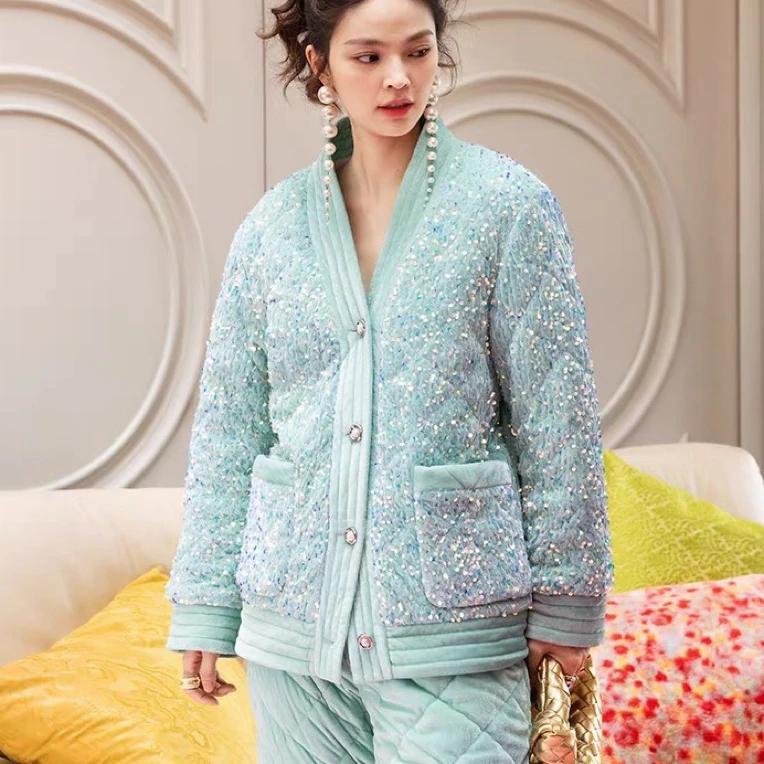 AW原创满天星薄荷绿亮片家居服套装加绒保暖睡衣休闲冬季秋冬加厚