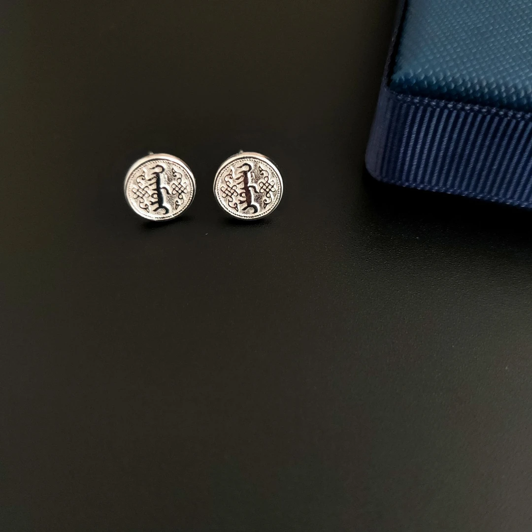 足银银制品 蒙古风纯银耳钉雕刻花纹蒙文字简约百搭小众个性轻奢