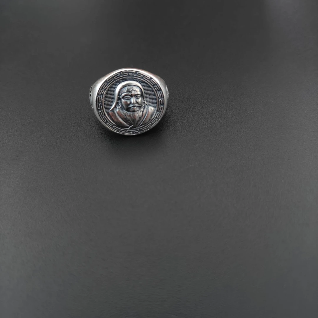 足银戒指 成吉思汗头像纯银戒指民族风蒙古族圣主霸气威严男士