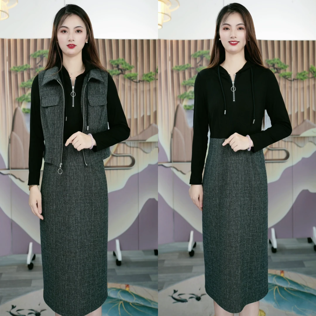 8806马甲+裙子新款洋气连帽连衣裙遮肉显瘦妈妈装减龄百搭两件套