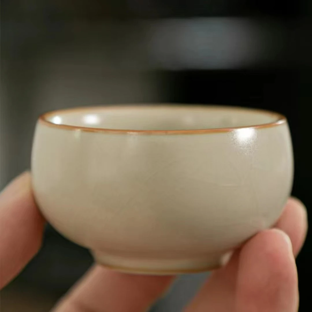 悦舒米黄对杯汝窑茶杯复古陶瓷禅定杯品茗杯家用个人茶具开片可养