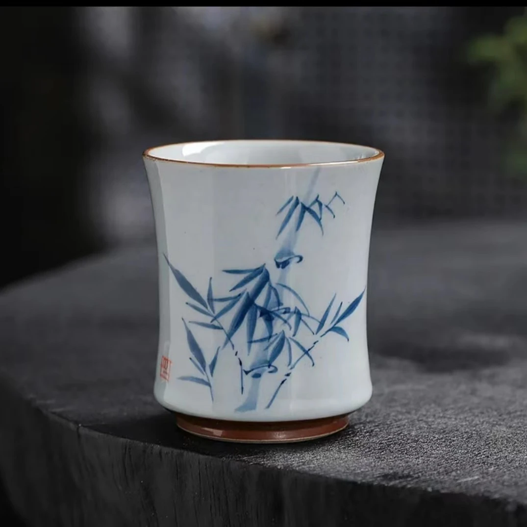 悦舒 手绘竹韵草木灰主人杯陶瓷釉下彩复古中式茶杯家用高档茶具