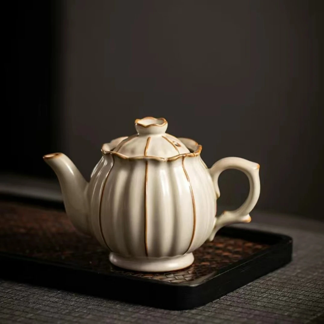 悦舒 米黄汝窑莲花茶壶陶瓷泡茶壶家用功夫茶具开片可养复古单壶