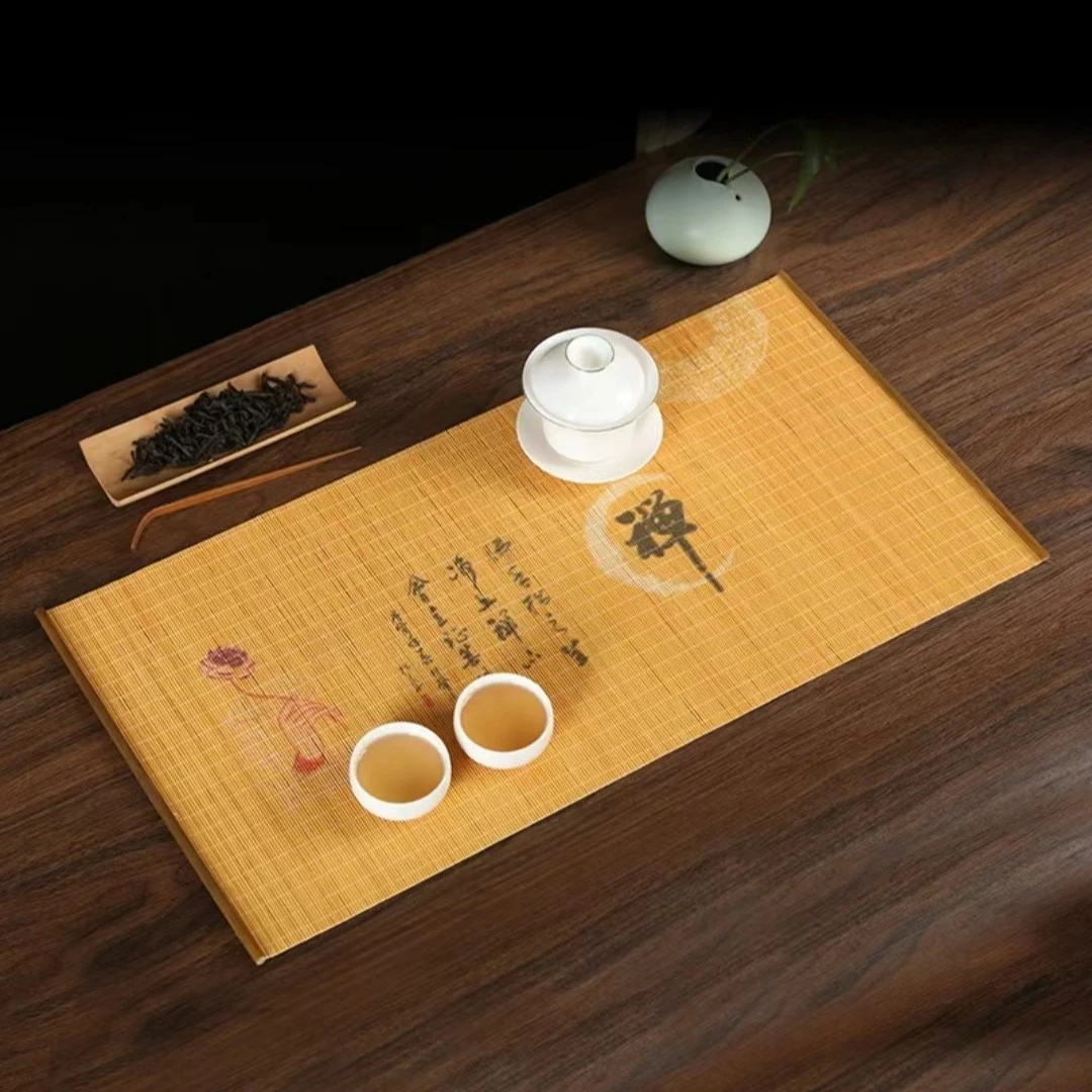 悦舒 禅意包边竹茶席中式喷绘竹制茶垫桌旗隔热干泡垫便携式家用