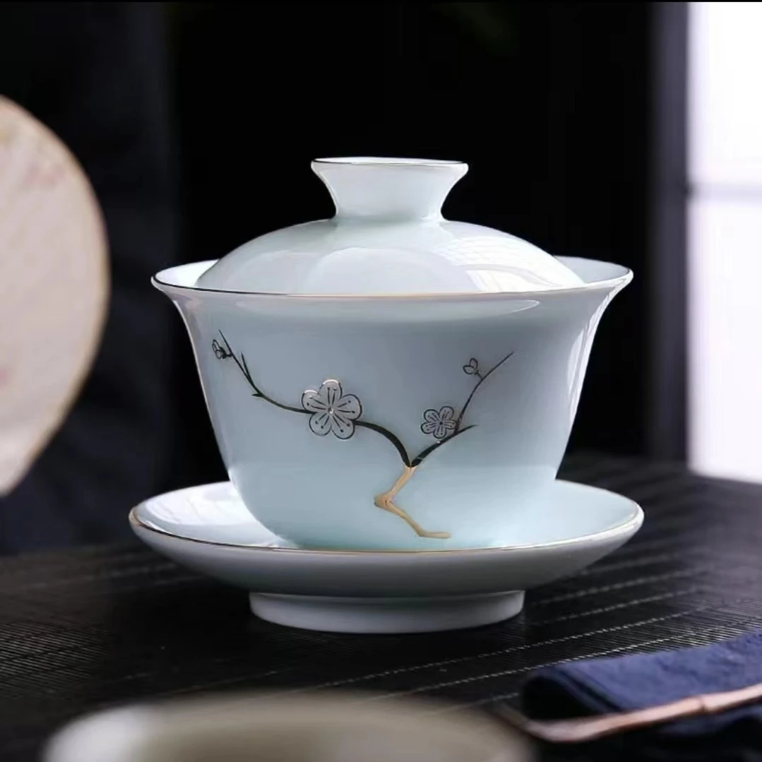 悦舒 粉青描金三才盖碗陶瓷梅花泡茶碗简约防烫家用高档茶具茶杯