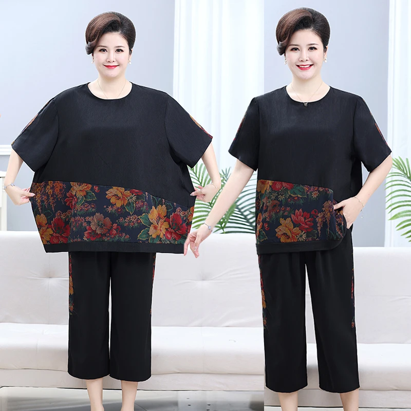 220斤特大码妈妈装夏季宽松短袖套装中老年加肥加大上衣+裤