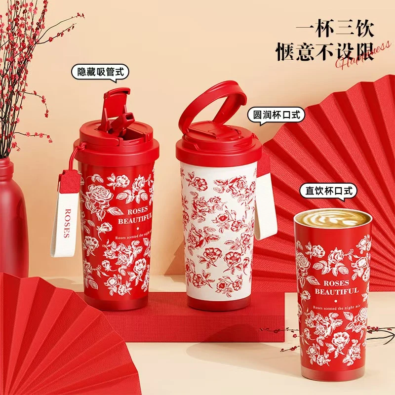 316不锈钢保温杯陶瓷内胆男女商务高颜值办公咖啡杯双饮吸管杯