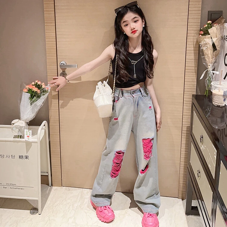 女童夏季新款儿童韩版洋气无袖背心破洞牛仔裤网红炸街时髦套装潮