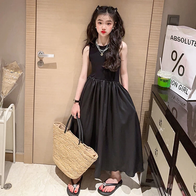 女童裙子2024新款儿童洋气夏季高级感长款连衣裙中大童拼接背心裙