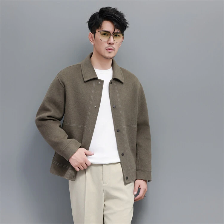绵羊毛双面昵夹克短款潮流时尚男士方领双面呢外套风衣高档爆款