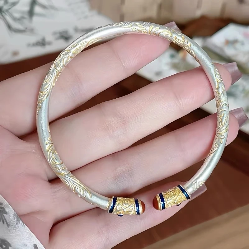 足银珐琅手镯 A1055【描金金箍棒开口】约28克足银9999简约百搭经典