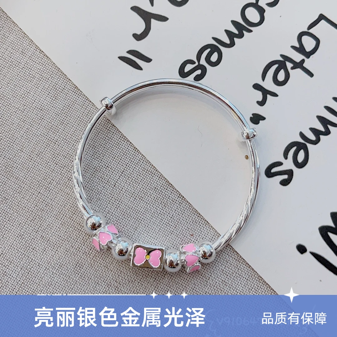 足银珐琅手镯 A2012【大童粉色蝴蝶结推拉】约15克足银9999可爱简约