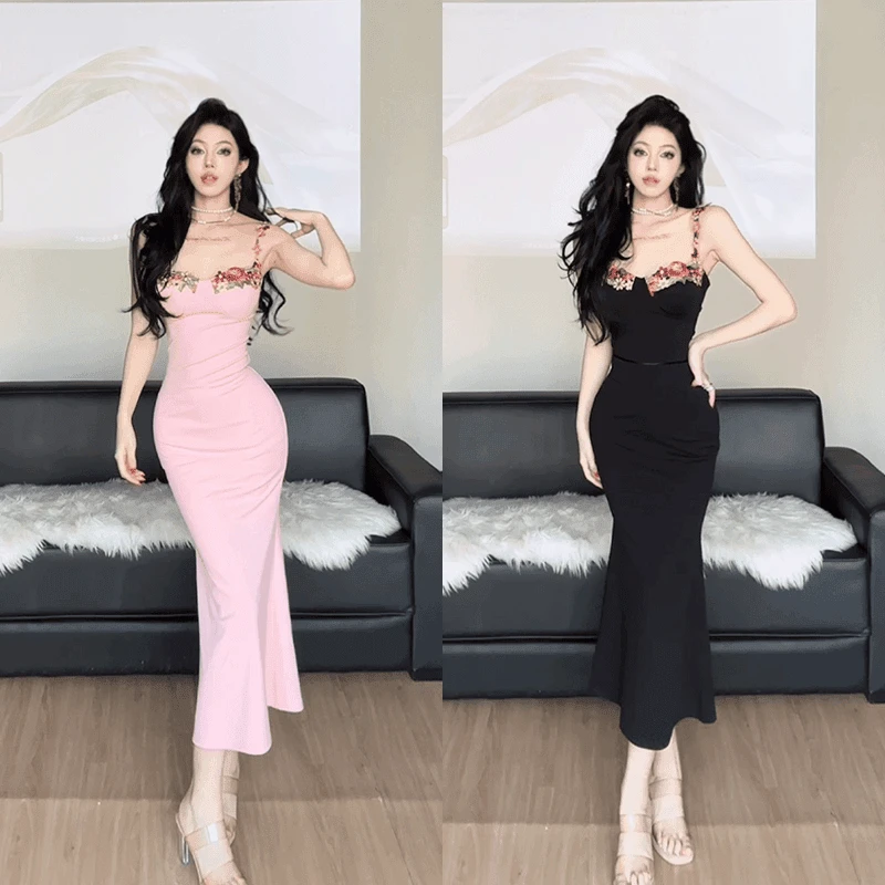 【馥郁海岛】欧美风胸杯贴花连衣裙夏季新款绑带辣妹包臀长裙g40