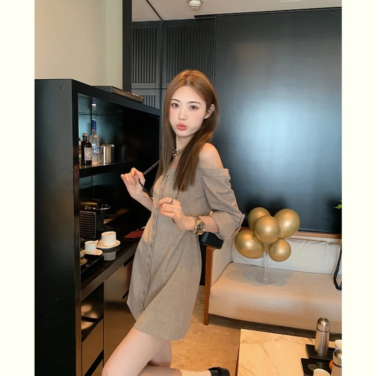 aaaaxbbb 冰椰特调 气质一字领吊带裙女小众设计感长袖气质连衣裙