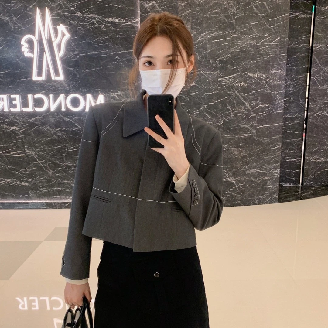 aaaaxbbb 迷迭香茶 明线设计短款灰色西装外套显瘦气质高级感西服