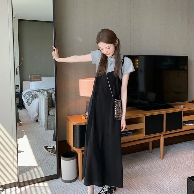 aaaaxbbb 莫泊桑夜幕 吊带长裙黑色气质宽松系带度假夏季法式裙子