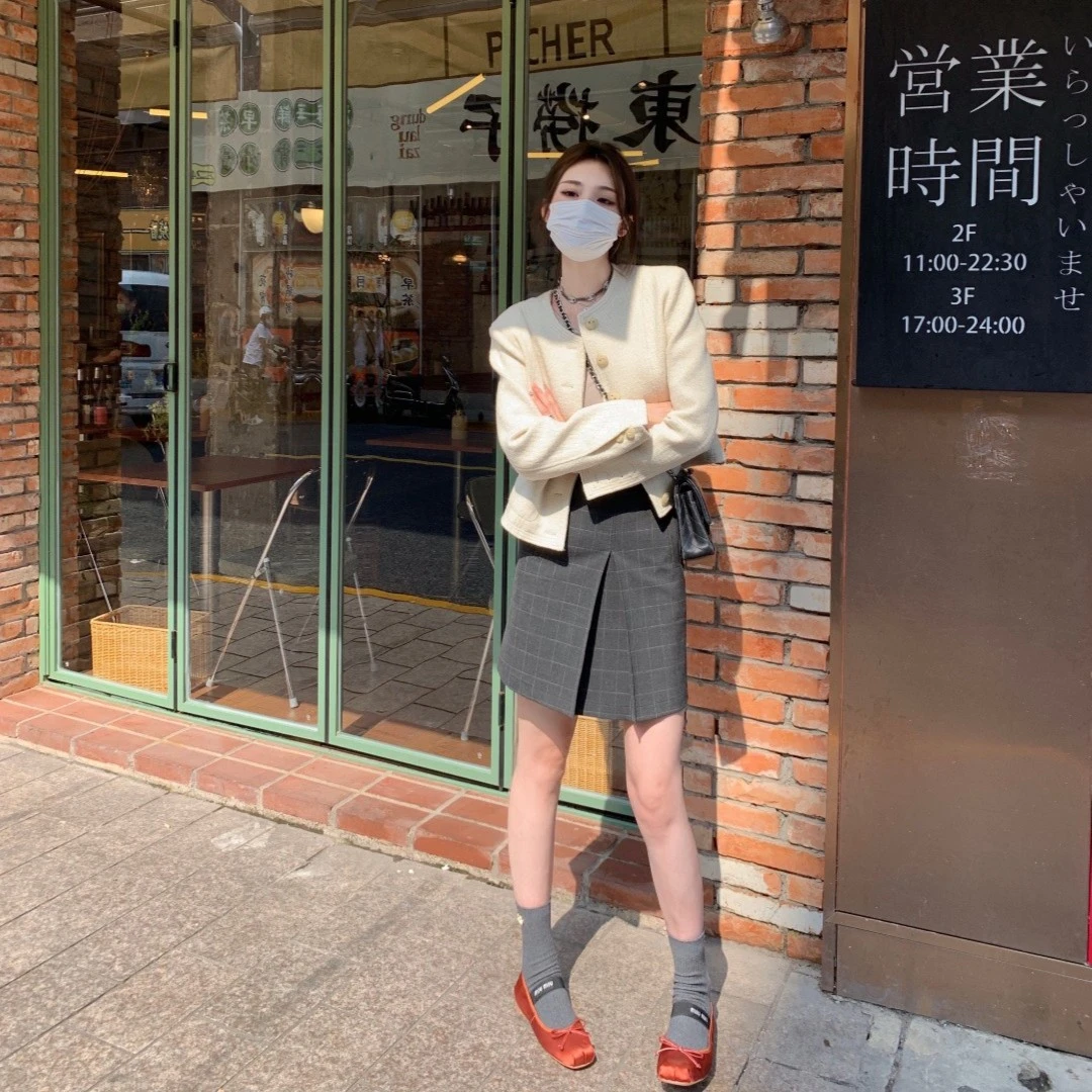 aaaaxbbb 黑胶腔调 两色格纹捏褶半身裙秋冬简约设计短裙 •年终•